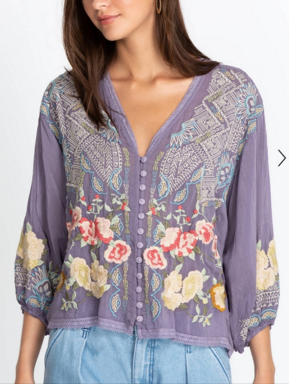 Johnny Was Lavender Castana Embroidered V-Neck Button Front Top Size XS